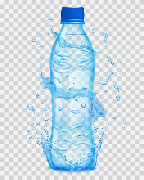 Vector salpicaduras de agua transparente en colores azul claro alrededor de una botella de plástico transparente
