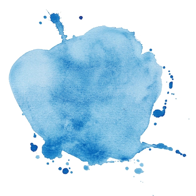 Las salpicaduras artísticas de acuarela azul y las gotas de tinta sobre un fondo blanco pintadas a mano en acuarela