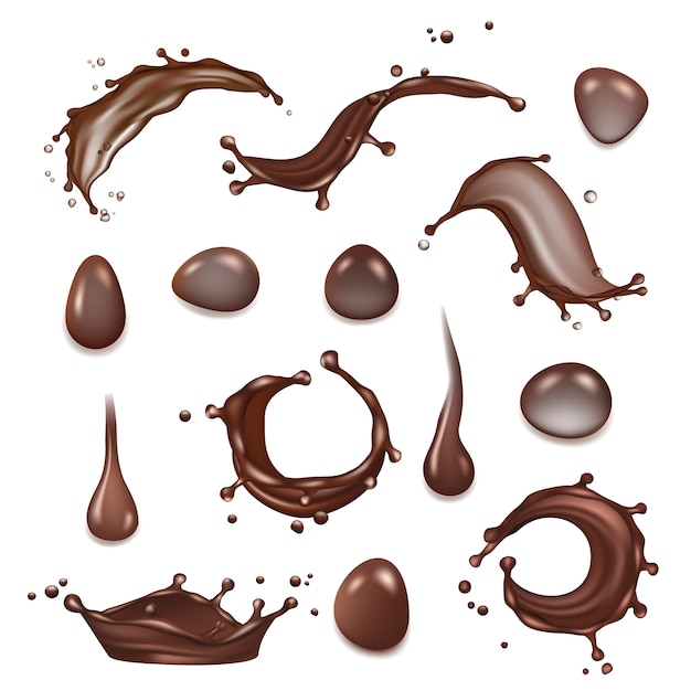 Salpicaduras de café. Salpicaduras de leche de chocolate marrón de plantilla realista de postre de bebidas calientes