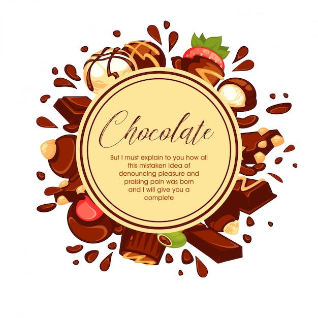 Salpicaduras de chocolate y caramelos alrededor del círculo en blanco