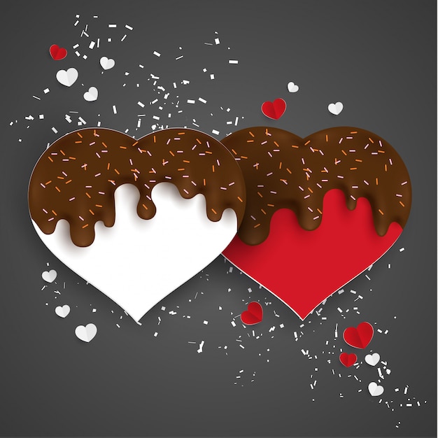 Vector salpicaduras de chocolate y formas de amor.