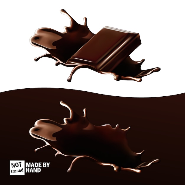 Vector salpicaduras de chocolate, trozo de chocolate en chocolate caliente. conjunto realista, elementos de diseño aislado.