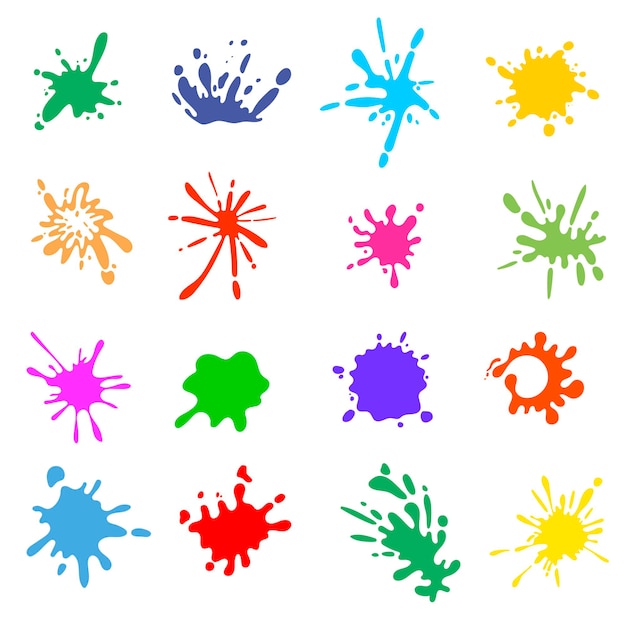 Salpicaduras de colores de pintura conjunto de ilustraciones. Gotas de tinta abstractas hechas con pincel