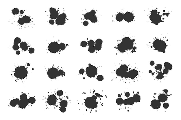 Salpicaduras y gotas de tinta negra manchas negras de pintura sobre un fondo blanco