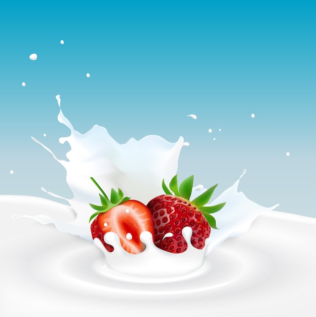 Vector salpicaduras de leche con fresas