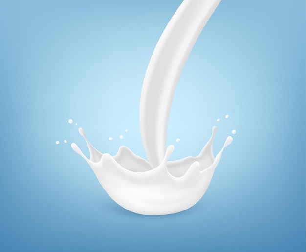 Salpicaduras de leche realistas vectoriales Salpicaduras de corona de leche aisladas sobre fondo azul