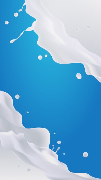 Salpicaduras de líquido blanco realista gotas y salpicaduras sobre fondo azul concepto de salpicaduras de jugo de frutas vertical
