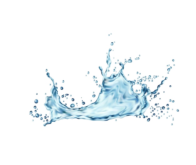 Salpicaduras de onda de agua azul transparente con gotas