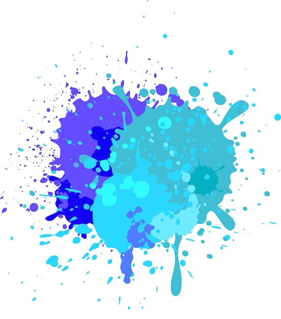 Las salpicaduras de pintura azul brillante y púrpura crean un diseño abstracto vibrante y dinámico sobre un fondo blanco limpio ideal para agregar un toque artístico a varios proyectos