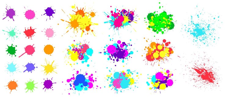 Vector salpicaduras de pintura de color. elemento de mancha de pintura en aerosol. lío de manchas de tinta de colores. manchas de acuarela en la colección de salpicaduras de pintura cruda y, conjunto de manchas líquidas aislado en la ilustración de vector blanco