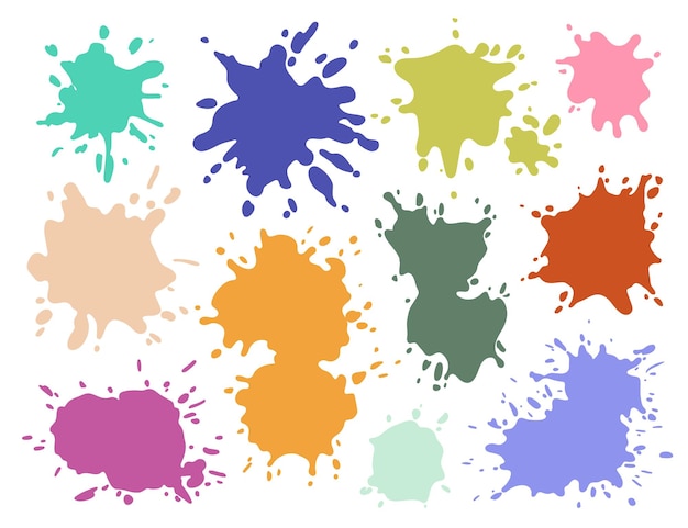 Salpicaduras de pintura de diferentes colores conjunto de tinta colorida mancha de pincel mezcla de puntos ilustración vectorial plana