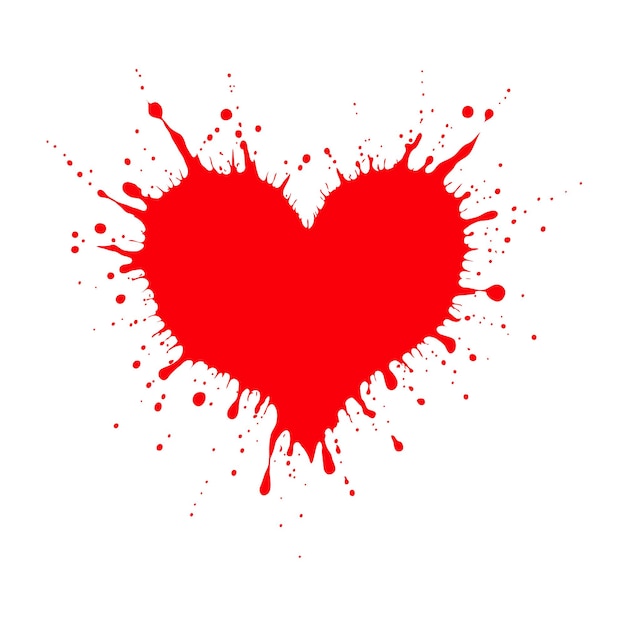 Las salpicaduras rojas que forman una forma de corazón con bordes afilados y gotas esparcidas sobre un fondo blanco simbolizan el amor y la creatividad