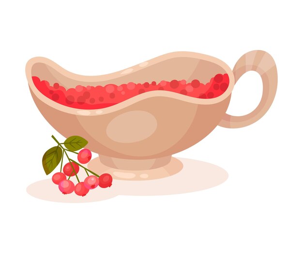 Salsa de arándano servida en cuenco de cerámica y ramita de baya como ilustración vectorial de atributos del Día de Acción de Gracias