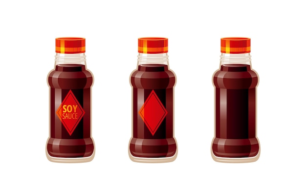 Salsa asiática de soja Conjunto de 3 salsas de soja Iconos de alimentos con logotipo de texto embalaje etiqueta vacía maqueta en blanco