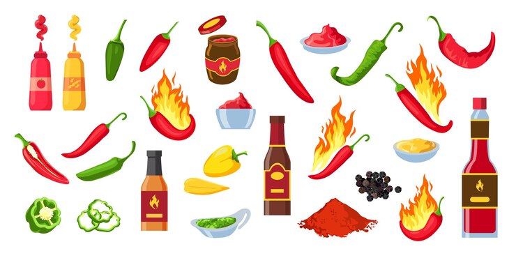 Vector salsa picante de dibujos animados. botellas y frascos de salsa de tomate de chile, wasabi y mostaza. salpicaduras de souce, salsa picante y pimienta de cayena con conjunto de vectores de llamas. pimienta al fuego, sazonar platos o comida