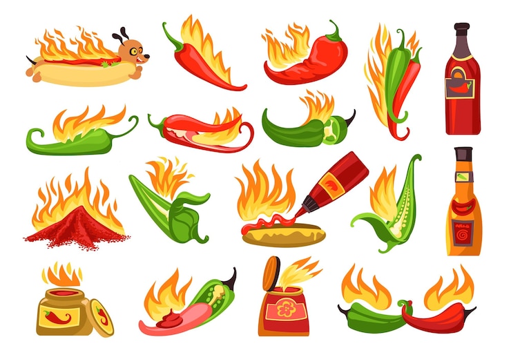 Vector salsa picante de dibujos animados ketchup de chile en diferentes botellas frascos de salsa pimientos rojos o verdes perro caliente picante sabor a páprica jalapeno ardiente cocina mexicana productos de especias espléndido conjunto vectorial