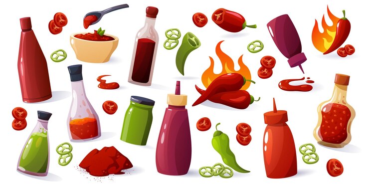 Vector salsa picante de dibujos animados ketchup picante mexicano mostaza wasabi con pimientos picantes salsa picante ingredientes alimenticios conjunto aislado vectorial