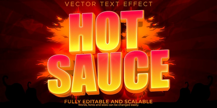 Vector salsa picante efecto de texto de pimienta estilo de texto de fuego de comida mexicana editable