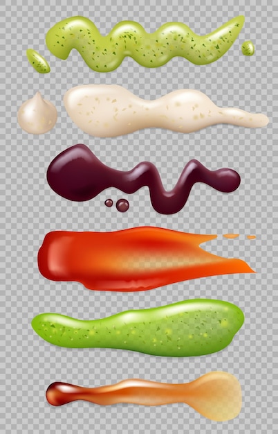 Salsa realista. Salpicaduras de comida líquida mayonesa ketchup chili comiendo ingredientes de cocina gourmet plantillas vectoriales. Líquido de salsa realista, crema de mayonesa, salsa de tomate y wasabi ilustración caliente