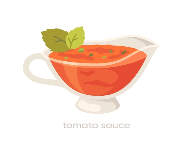 Vector salsa sabrosa en plato ingrediente para platos sabrosos menú de café o restaurante líquido rojo en tazón de vidrio plantilla y diseño ilustración de vector plano de dibujos animados aislado sobre fondo blanco