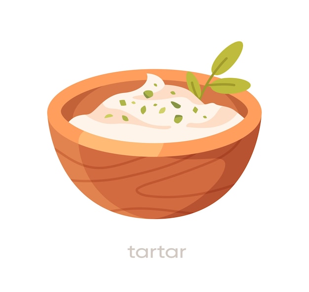 Salsa sabrosa en plato Ingrediente para platos sabrosos Menú de café o restaurante Tartar en tazón Etiqueta para redes sociales y mensajeros Ilustración de vector plano de dibujos animados aislado sobre fondo blanco