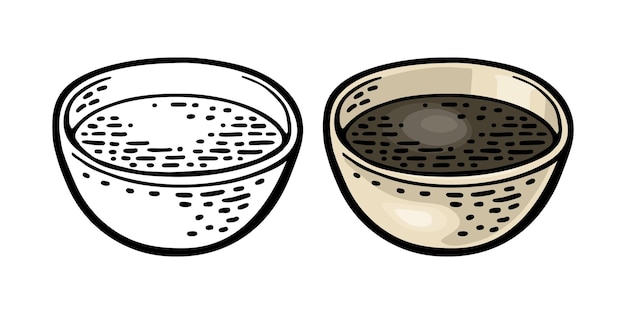 Salsa de soja en un cuenco vista lateral vector color ilustración de grabado vintage aislada en blanco