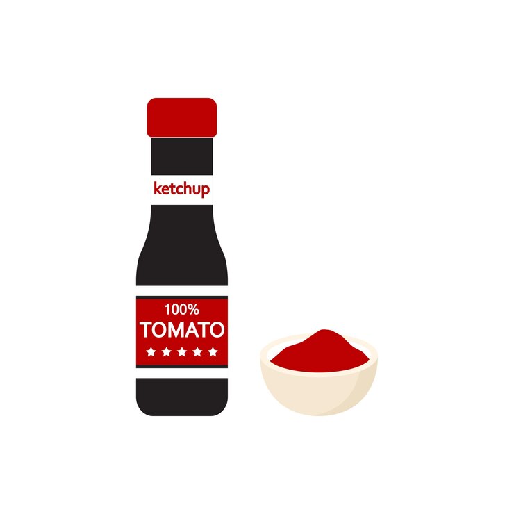 Vector salsa de tomate en una botella y un tazón ilustración vectorial aislada sobre fondo blanco