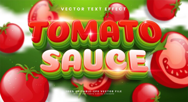 Vector salsa de tomate efecto de texto editable en 3d con color rojo adecuado para el menú de comida picante