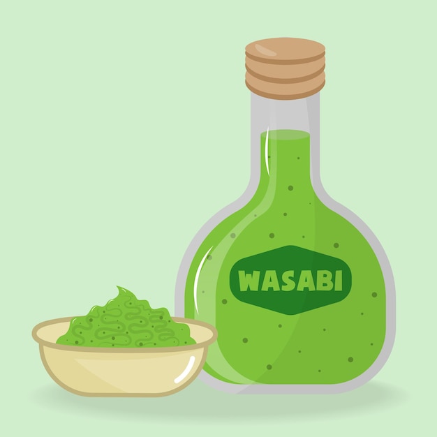 Salsa wasabi en tazón y botella. ilustración de vector de cocina japonesa.