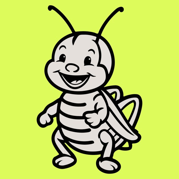 Vector un saltamontes sonriente con todo el cuerpo ilustración de línea simple de estilo kawaii