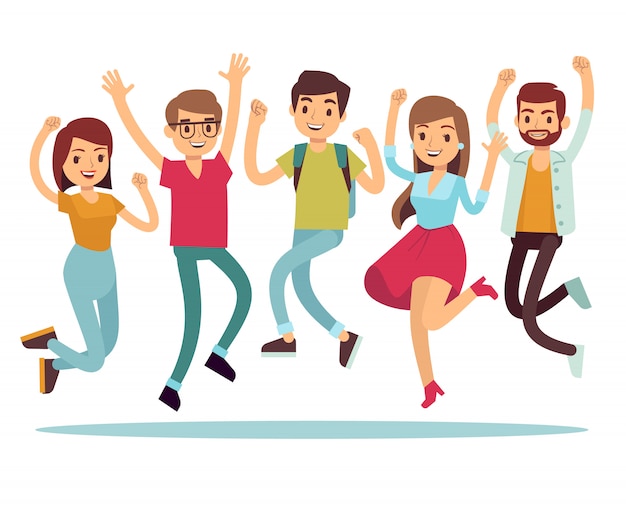 Saltando jóvenes felices en ropa casual. Conjunto de caracteres vector plano