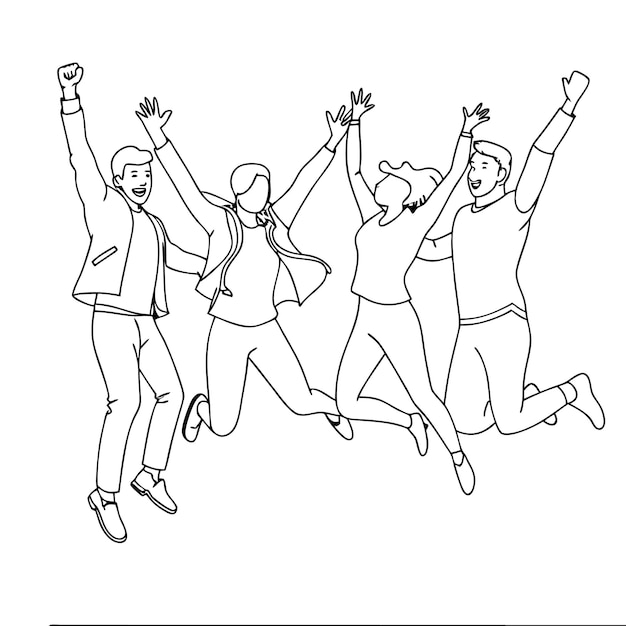 Saltando personas profesionales felices arte de línea imprimible para página de colorear