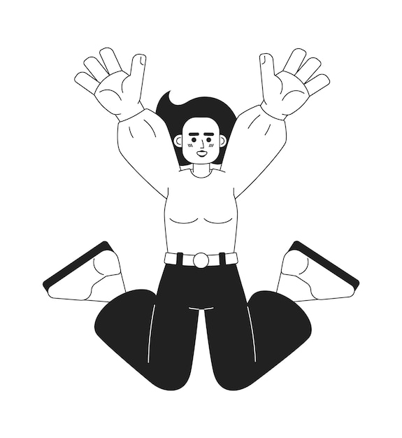 Salto alegre personaje vectorial plano monocromático Sonrisa sincera Chica asiática levantando las manos Persona de cuerpo completo de línea delgada editable en blanco Imagen simple de dibujos animados bw para diseño gráfico web