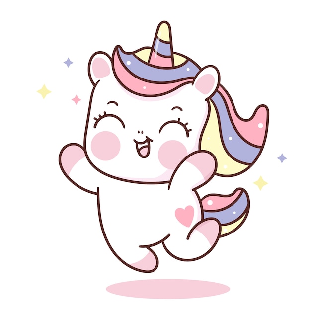 Salto de dibujos animados lindo unicornio en el aire dibujado a mano animal kawaii