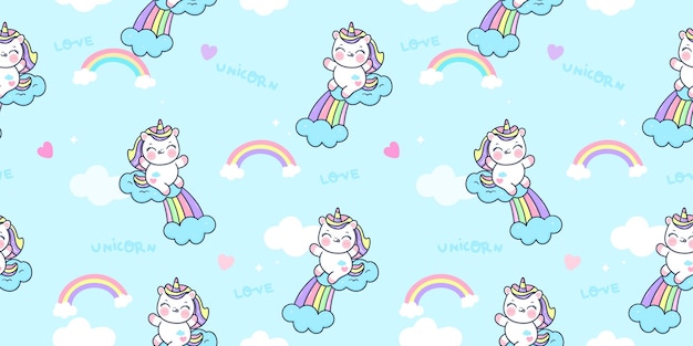 Salto de dibujos animados de unicornio transparente sobre animal de kawaii de patrón de arco iris