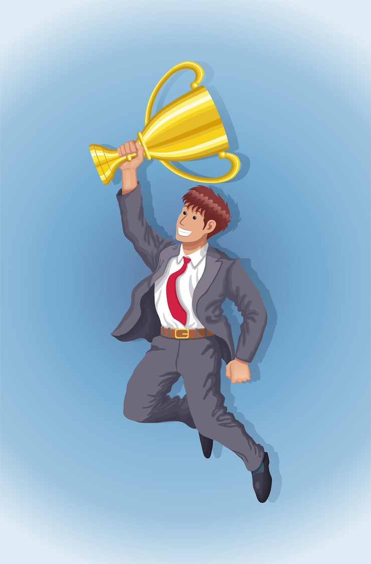 Vector salto empresario sosteniendo la ilustración de vector de éxito de trofeo de copa de oro