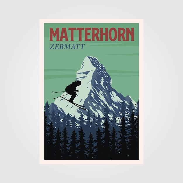 Salto de esquí en el cartel de la montaña Matterhorn, diseño de ilustración vintage, estación de esquí de montaña alpina pos