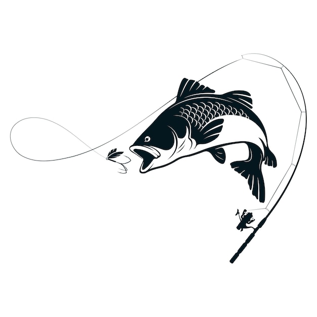 Salto de peces para atrapar cebo y silueta de caña de pesca