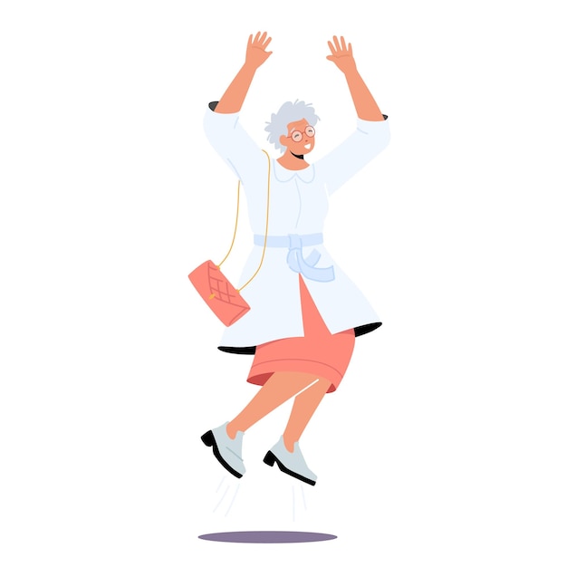Salto de personaje femenino emocionado feliz con las manos levantadas aislado sobre fondo blanco Felicidad positiva de la anciana