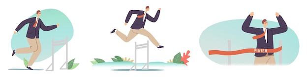 Salto de vallas, competencia de carrera con obstáculos, liderazgo, desafío deportivo, persecución de líderes. Hombre de negocios saltando por encima de las barreras, línea de meta cruzada de carácter de hombre de negocios. Ilustración de Vector de dibujos animados, iconos