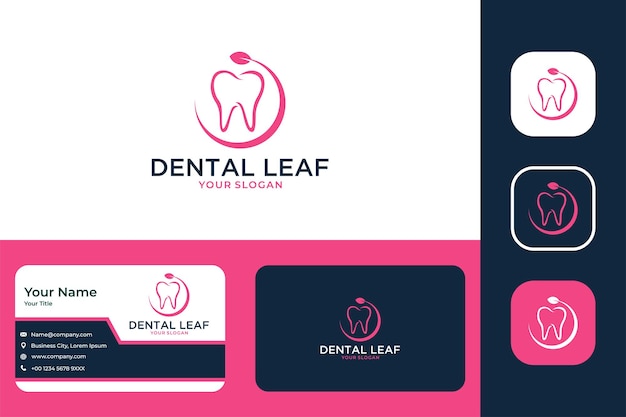 Salud dental con diseño de logotipo de hoja y tarjeta de visita.