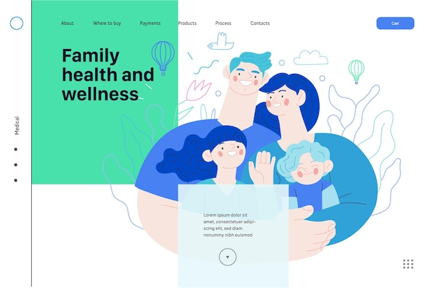 Salud familiar y bienestar plantilla web de seguro médico concepto de vector plano moderno digital