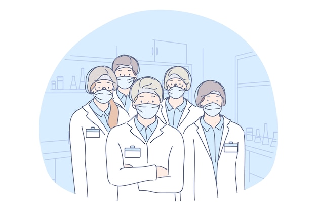 Salud, medicina, infección, coronavirus, concepto de protección. Grupo o equipo de hombres y mujeres médicos trabajadores de laboratorio científicos colegas con ilustración de máscaras médicas. Covid19 peligro de enfermedad.