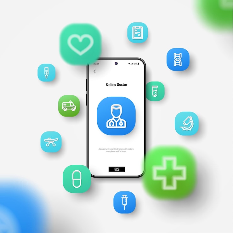 Vector salud medicina negocio atención médica médico en línea y concepto de apoyo médico iconos 3d volando sobre el teléfono inteligente
