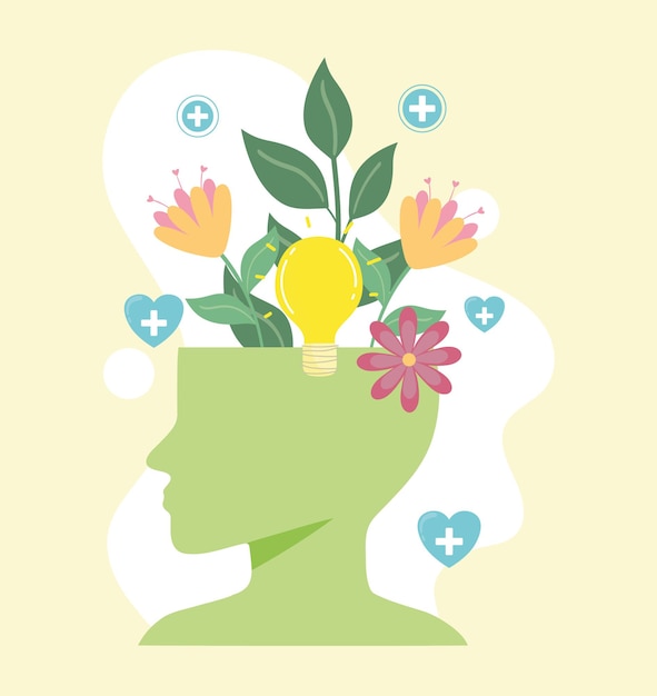 Vector salud mental, cabeza humana con flores.