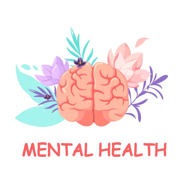 Salud mental. El cerebro humano con flores.