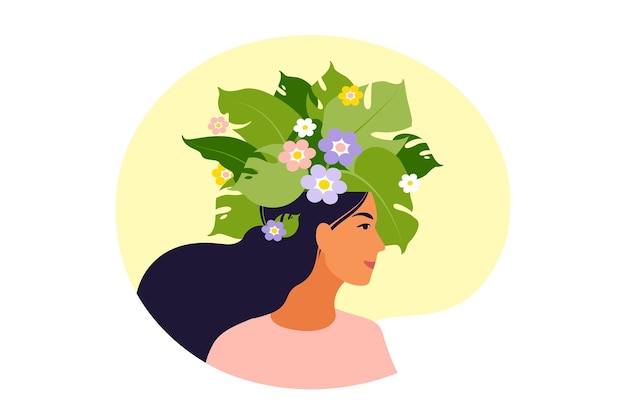 Salud mental, felicidad, concepto de armonía. cabeza de mujer feliz con flores en el interior. mindfulness, pensamiento positivo, idea de autocuidado. ilustración. departamento.