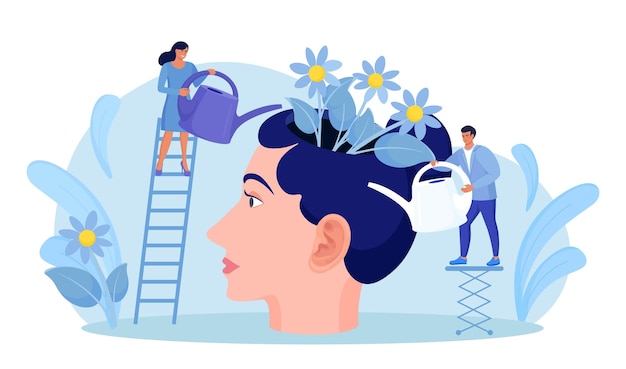 Salud mental. Gente diminuta regando la cabeza humana con flores en el interior. Personajes que curan la mente, el alma por un estilo de vida feliz. Psicología. Pensamiento positivo, autocuidado. Bienestar, aceptación, cerebro floreciente
