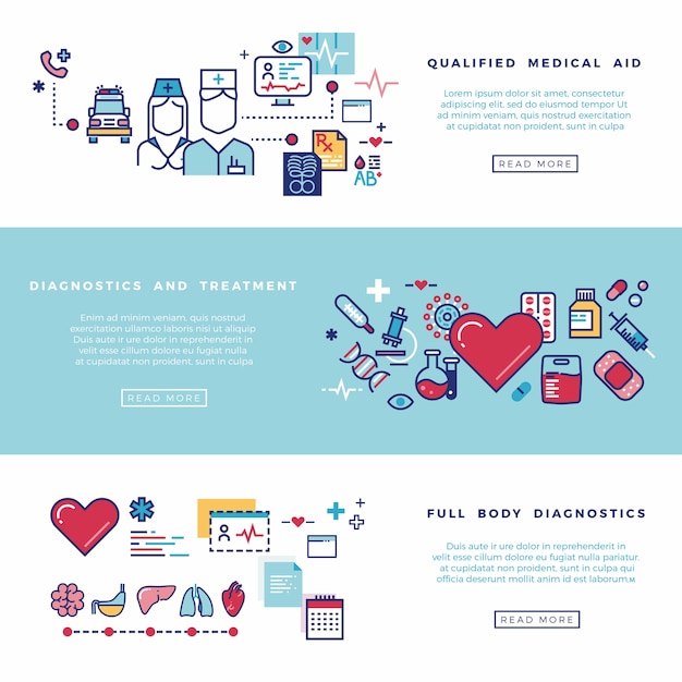 Salud, servicios médicos vector conjunto de banners