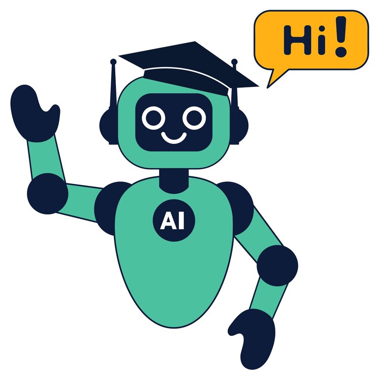 Vector saludo amistoso de chatbot robot en la gorra de graduación educación en línea utilizando artificial